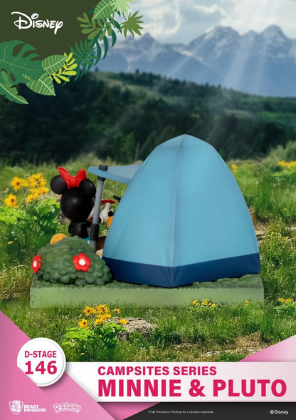 Minnie Mouse and Pluto camping figurine with blue tent shrubbery and yellow flowers