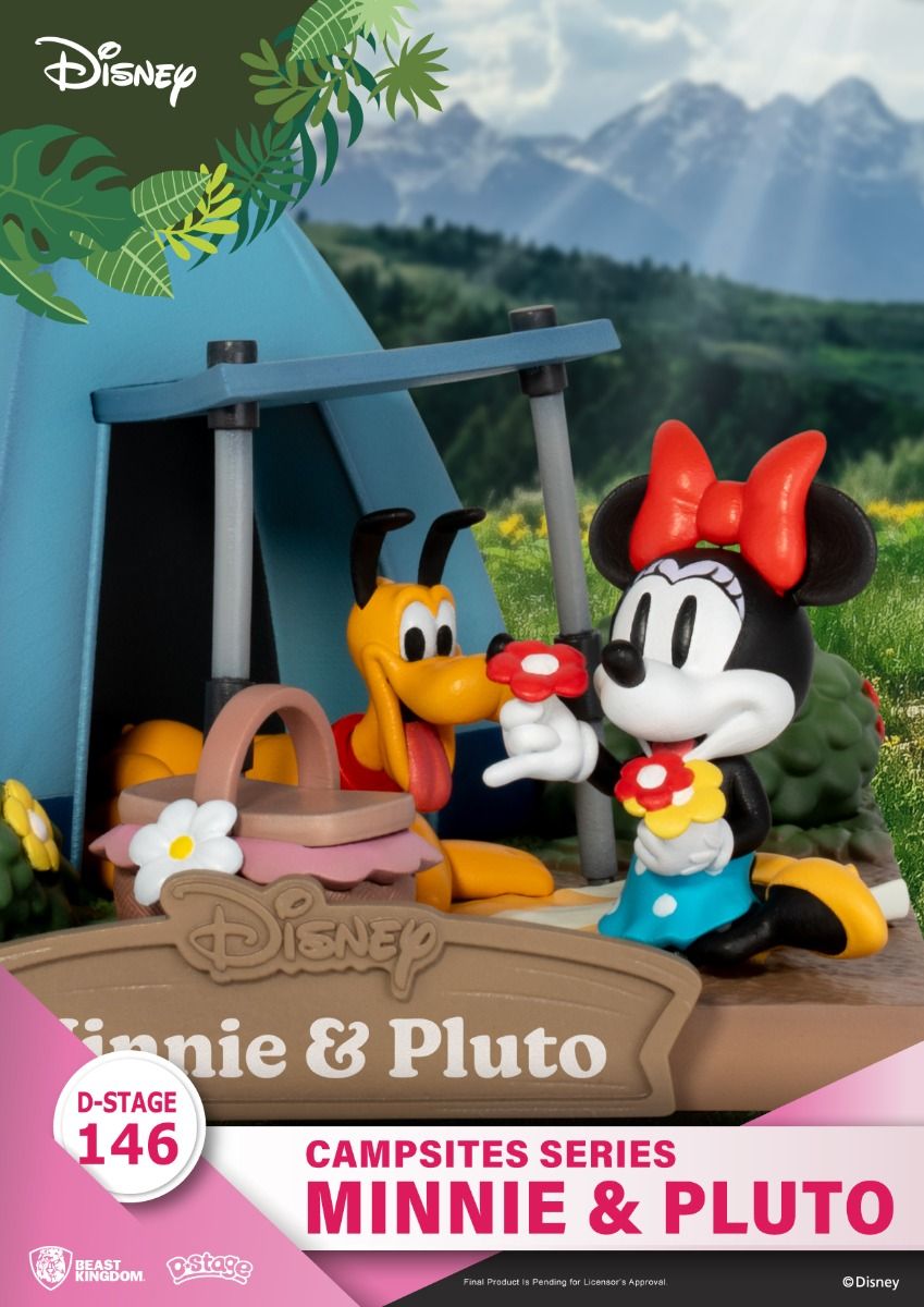 Detailed view of a Disney D-Stage Campsite Series figurine featuring Minnie Mouse and Pluto picnicking outside a blue tent