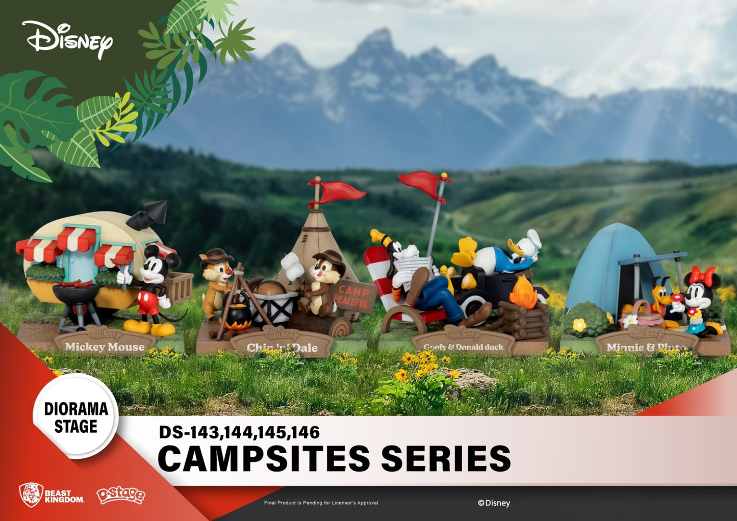 Disney Diorama Stage Campsites Series collectibles featuring Mickey Chip 'n' Dale Goofy Donald and Minnie Pluto in camping scenes