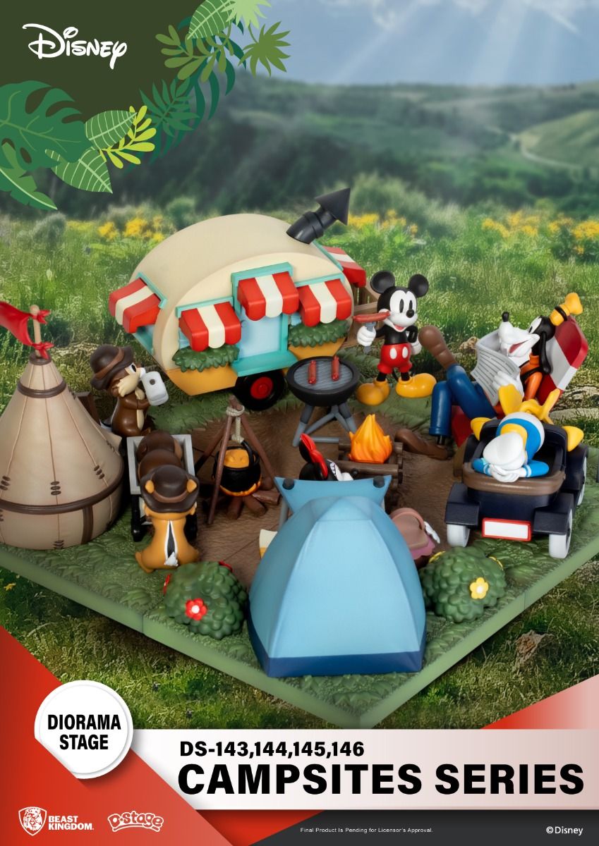 Disney Diorama Stage Campsites Series featuring Mickey Goofy Donald Duck Chip and Dale in a camping scene with a trailer tent teepee campfire and grill