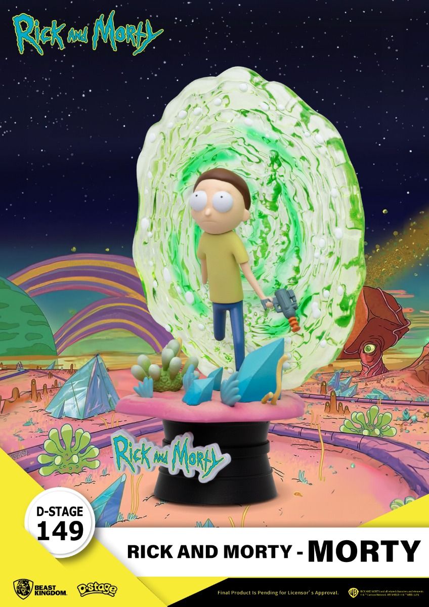 Rick and Morty D-Stage 149 figure of Morty stepping through a portal on a pink and blue alien planet