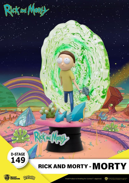 Rick and Morty D-Stage 149 figure of Morty stepping through a portal on a pink and blue alien planet