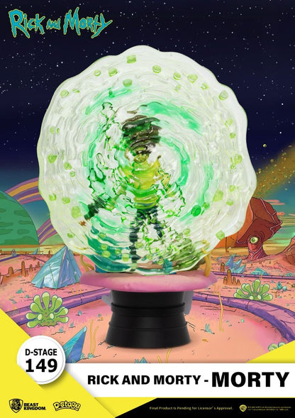 Rick and Morty D-Stage 149 portal diorama with Morty standing in the swirling green portal