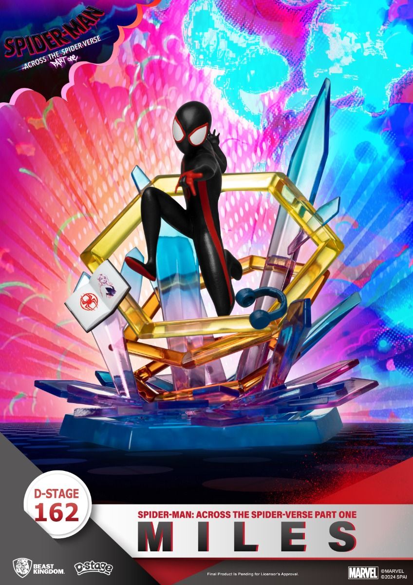 Side angle showing Miles with dynamic web-swinging pose over glowing multiverse rings