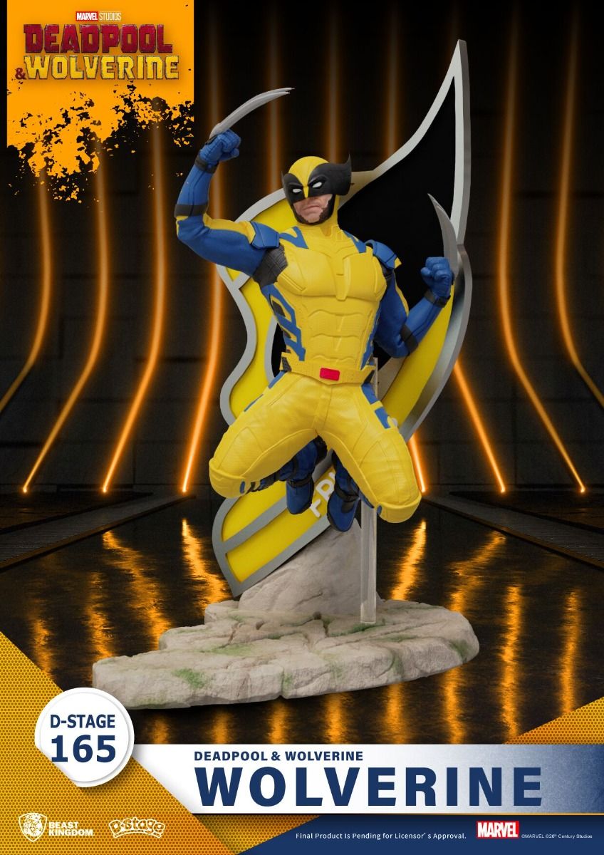 Wolverine action figure in yellow and blue suit with claws extended standing on a rock base with a large W behind him