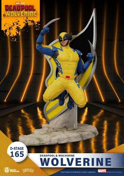 Wolverine action figure in yellow and blue suit with claws extended standing on a rock base with a large W behind him