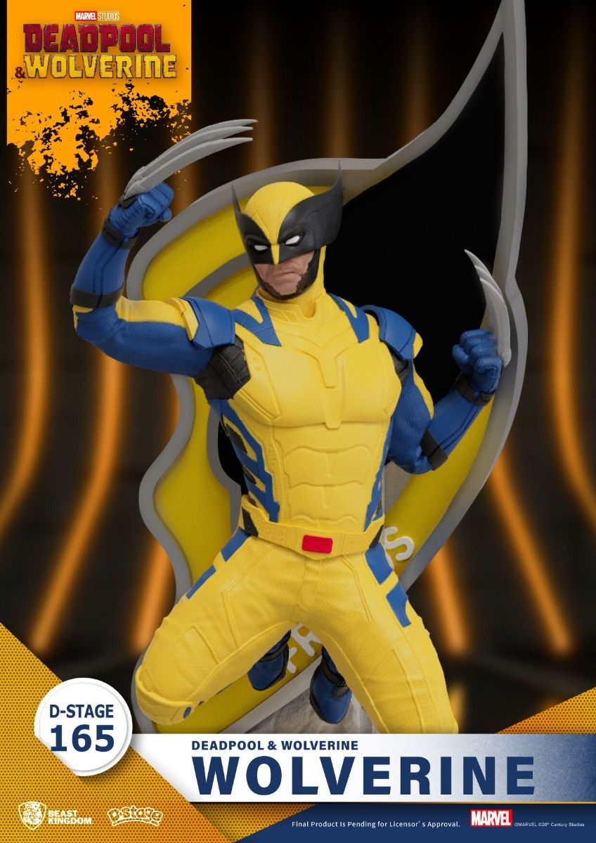 Deadpool Wolverine D-Stage 165 action figure featuring Wolverine in classic yellow and blue suit with claws extended