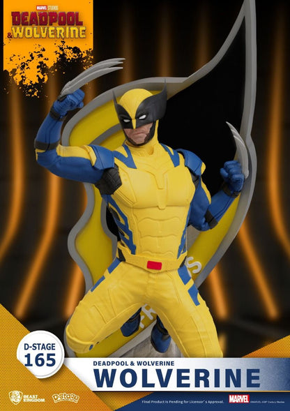 Deadpool Wolverine D-Stage 165 action figure featuring Wolverine in classic yellow and blue suit with claws extended