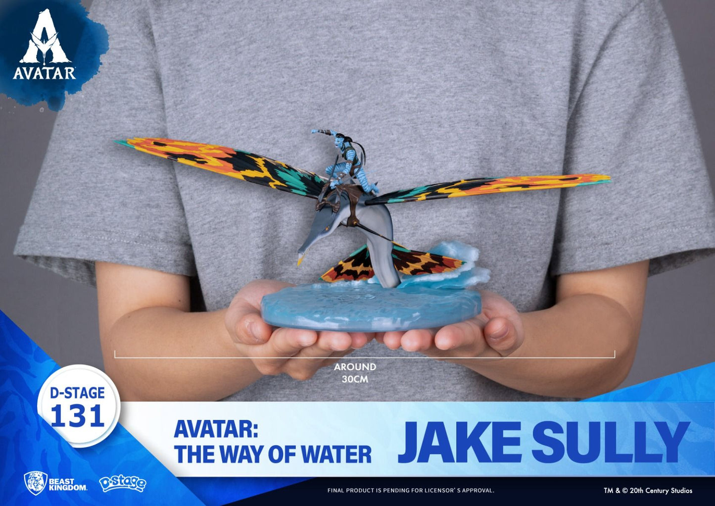 Beast Kingdom D-Stage Avatar The Way of Water Jake Sully figure showing Jake riding a Skimwing over water held in hands