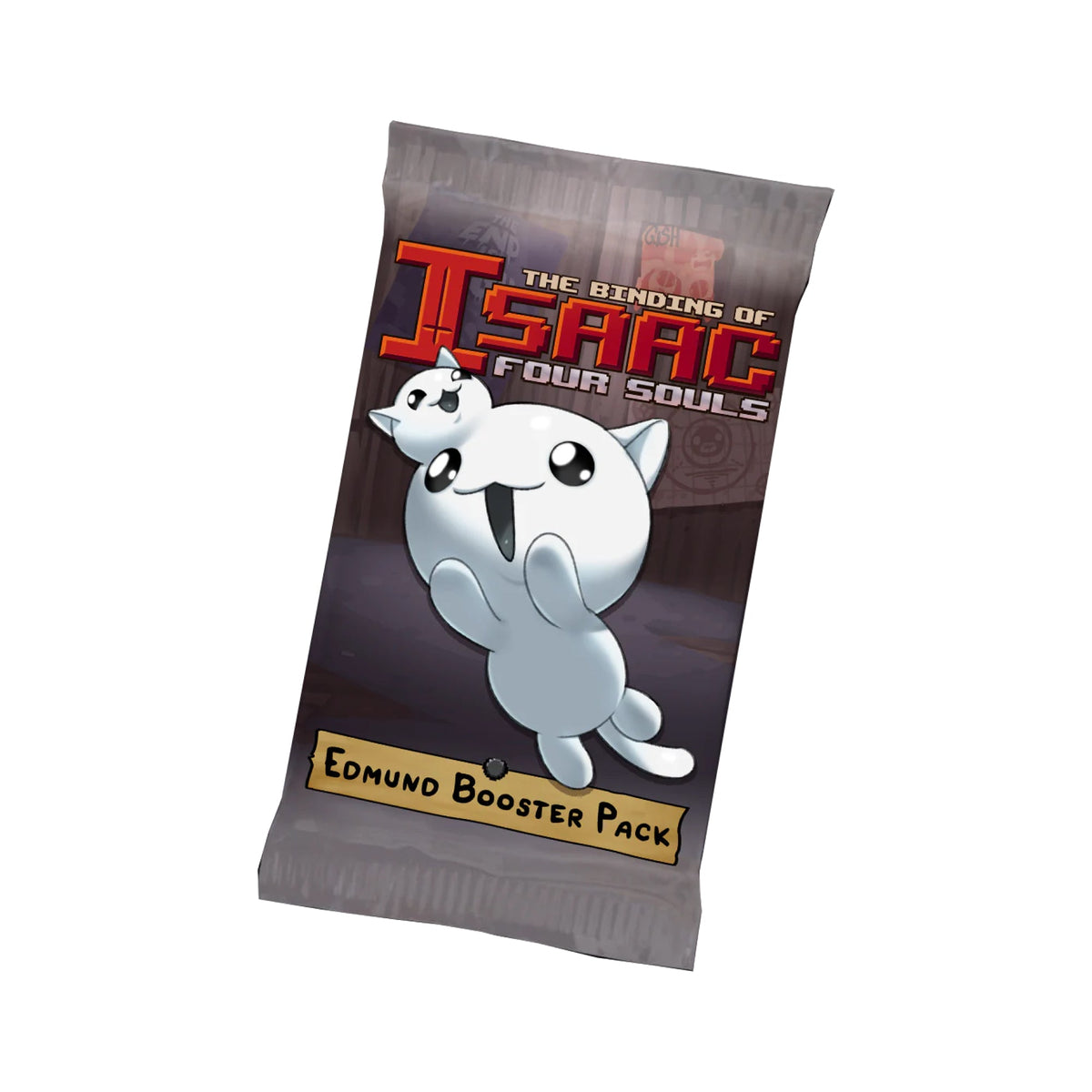 A sealed Edmund Booster Pack for The Binding of Isaac Four Souls with two smiling white blob characters with cat ears