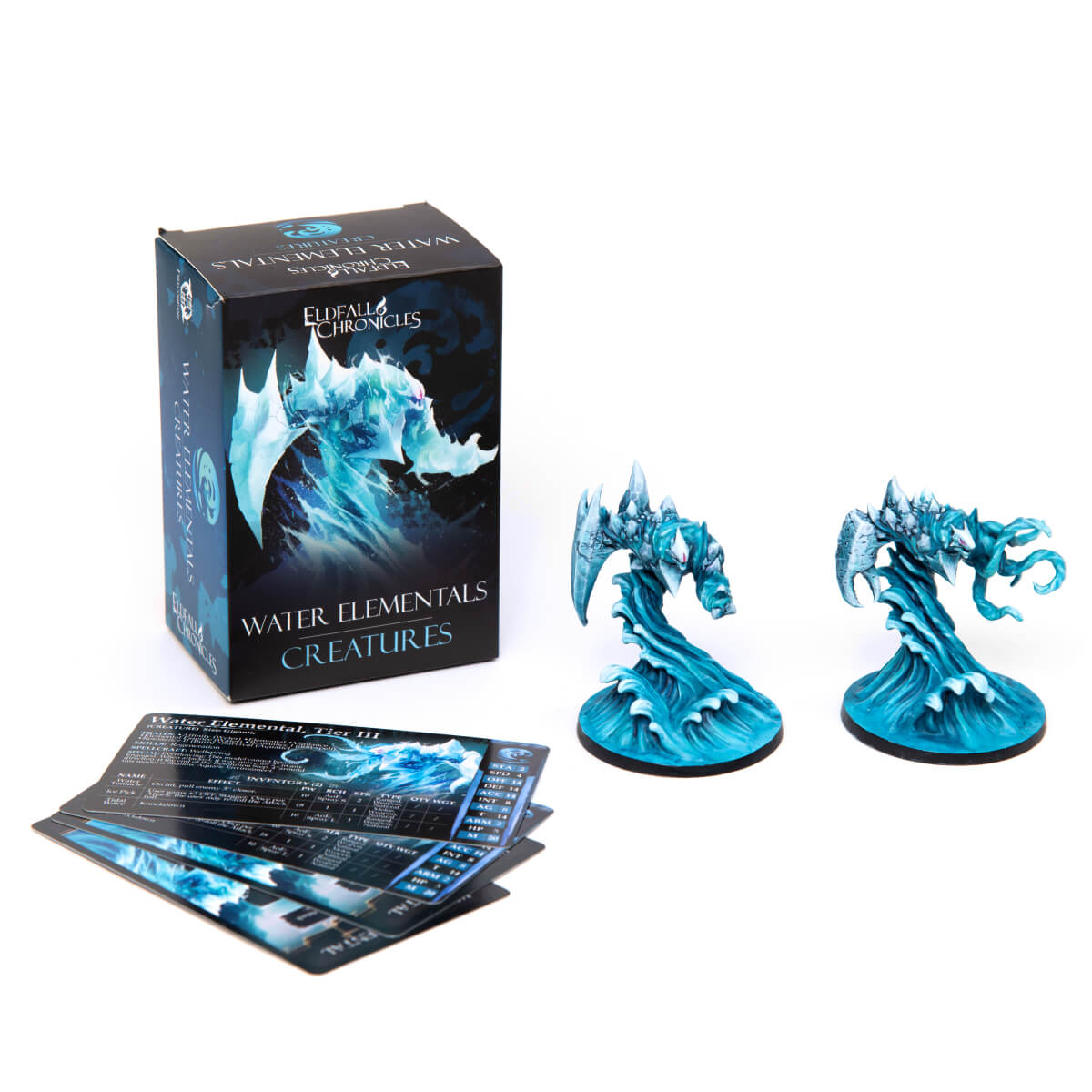 Two sculpted blue water elemental miniatures, an Eldfall Chronicles box, and game cards are displayed.