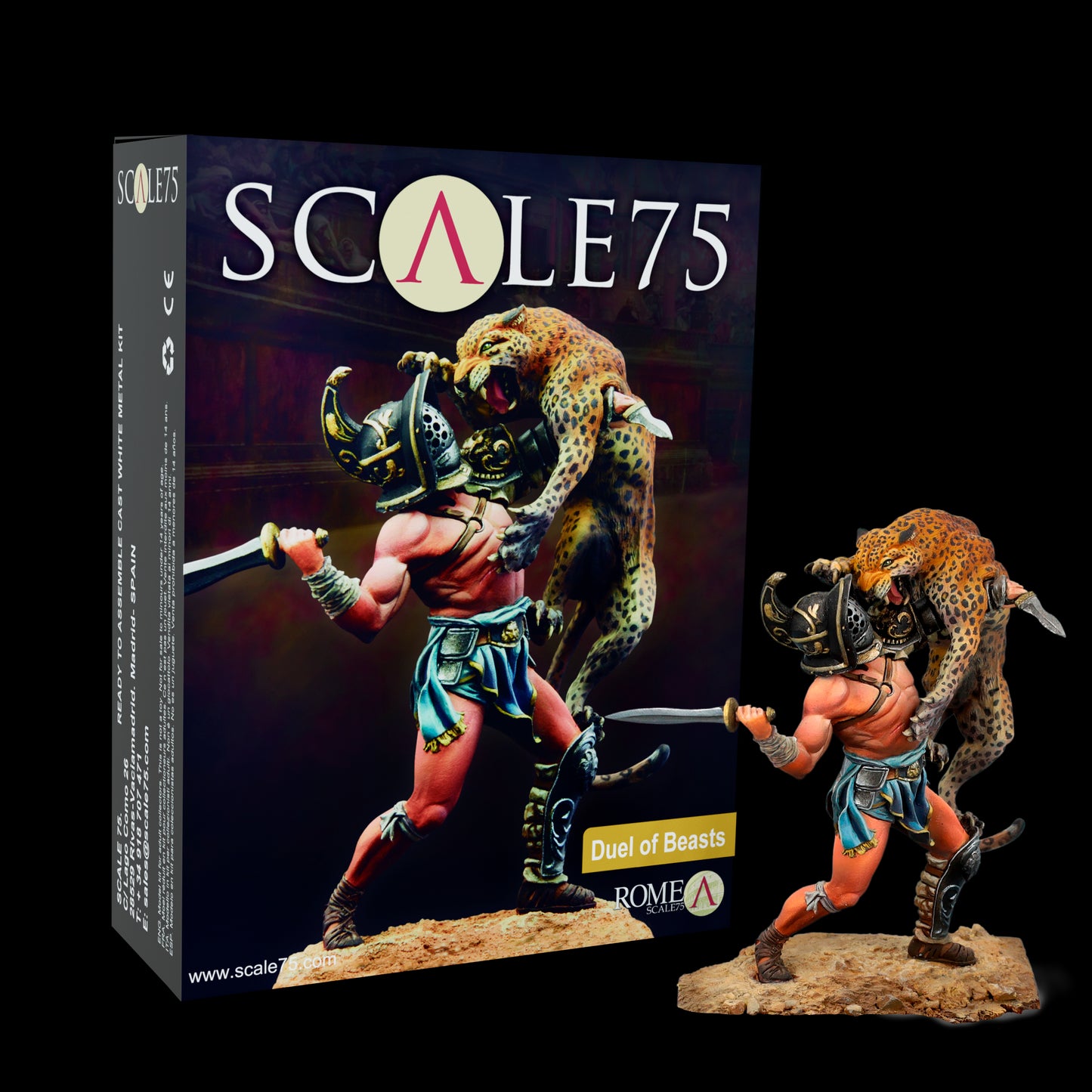 Scale75 'Duel of Beasts' model kit: gladiator battles leaping leopard, on box and as painted miniature.