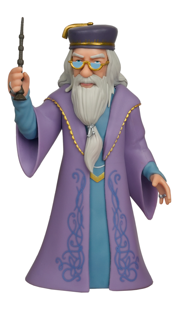 A stylized MINIX Harry Potter Albus Dumbledore Figure wearing a purple robe with blue details, gold glasses, a long white beard, and holding a wand