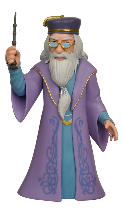 A stylized MINIX Harry Potter Albus Dumbledore Figure wearing a purple robe with blue details, gold glasses, a long white beard, and holding a wand