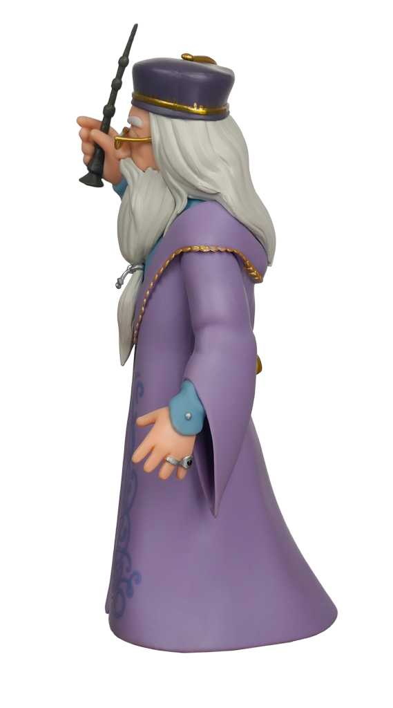 A side view of the MINIX Harry Potter Albus Dumbledore Figure showing him in a purple robe with a long white beard, gold glasses, and holding a wand