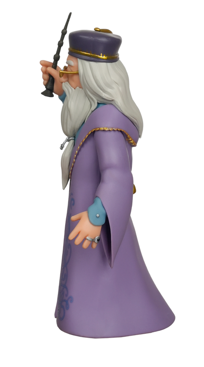 A side view of the MINIX Harry Potter Albus Dumbledore Figure showing him in a purple robe with a long white beard, gold glasses, and holding a wand