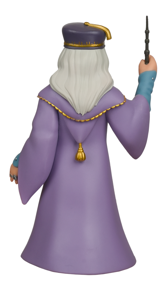 Back view of a MINIX Harry Potter Albus Dumbledore figure in a purple robe and hat with white hair, holding a wand