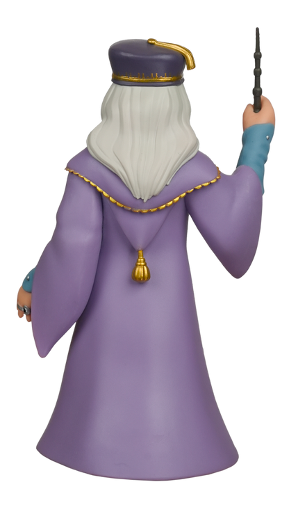 Back view of a MINIX Harry Potter Albus Dumbledore figure in a purple robe and hat with white hair, holding a wand