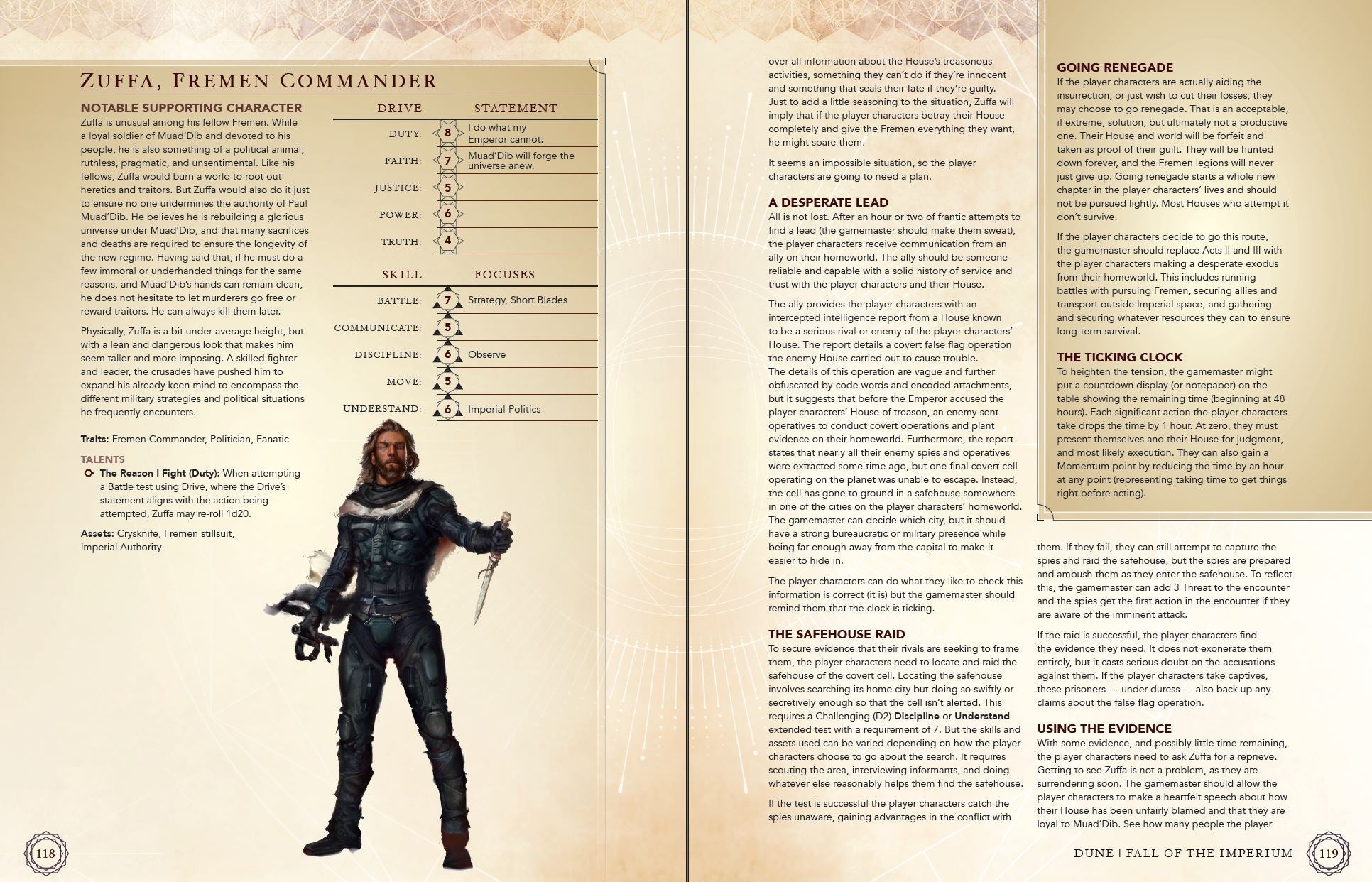 A page from the Modiphius Dune RPG Fall Of The Imperium Book showing a character profile, game text, and an illustration of a bearded man with a knife