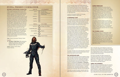 A page from the Modiphius Dune RPG Fall Of The Imperium Book showing a character profile, game text, and an illustration of a bearded man with a knife