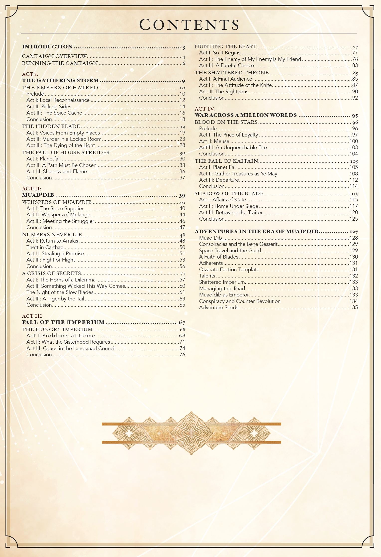 A table of contents page from the Dune RPG Fall Of The Imperium Book, listing chapters and page numbers, with an ornate golden design in the middle