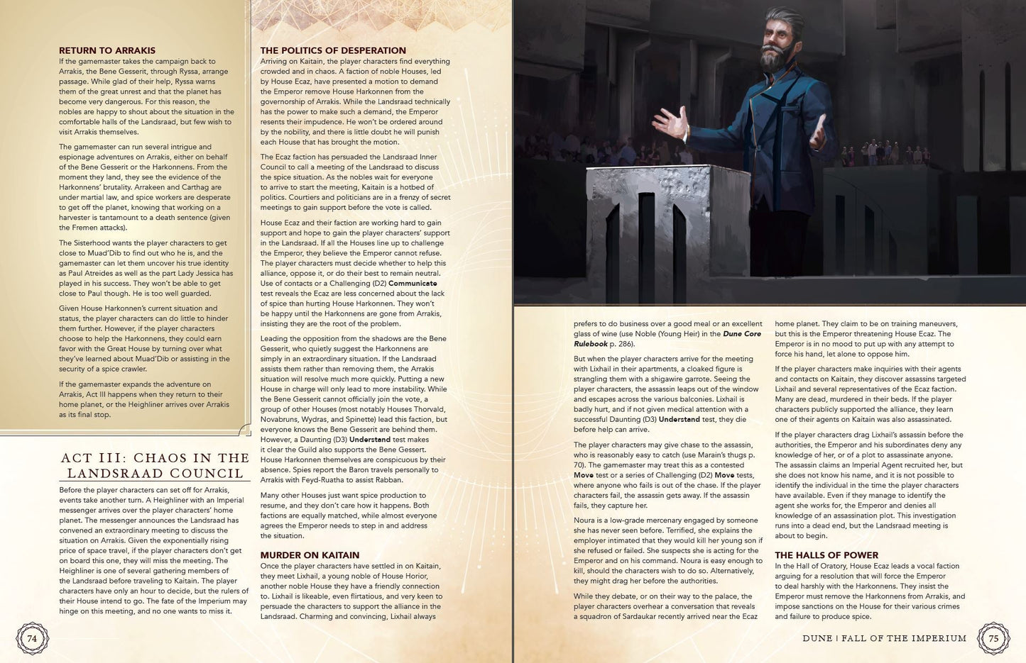 A page from the Modiphius Dune RPG_ Fall Of The Imperium Book displays text columns and an illustration of a bearded man speaking from a podium