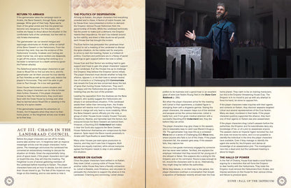 A page from the Modiphius Dune RPG_ Fall Of The Imperium Book displays text columns and an illustration of a bearded man speaking from a podium
