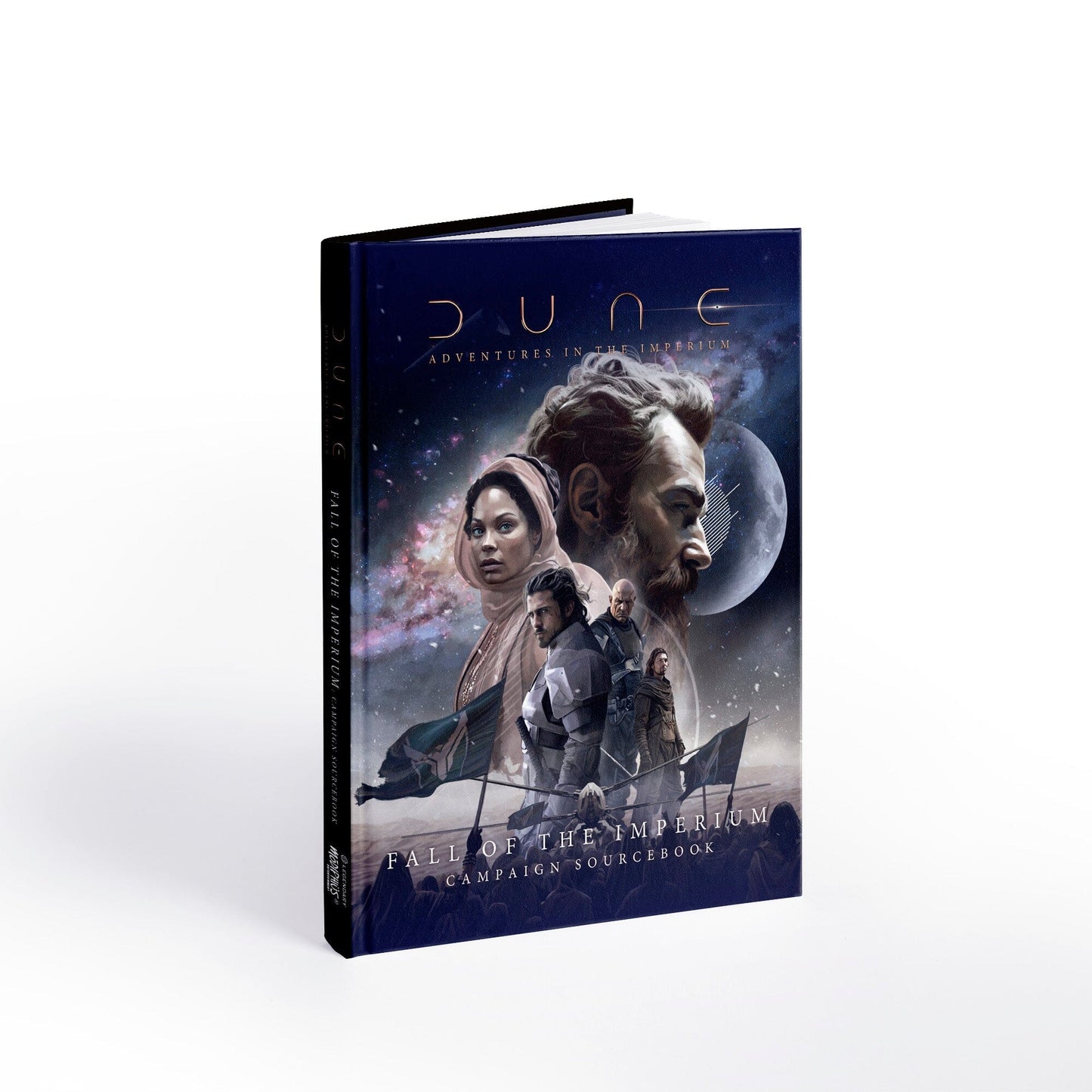 A standing Fall Of The Imperium Book with a dark blue cover featuring Dune Adventures in the Imperium and an illustration of several characters against a cosmic background