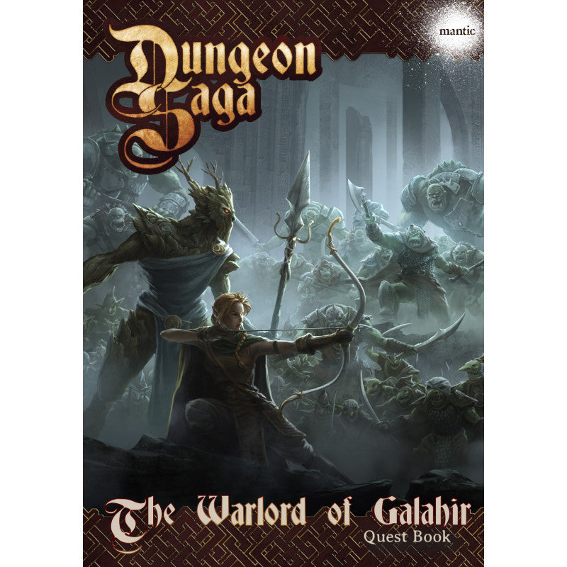 Dungeon Saga cover: An elf archer aims a bow, backed by a tree creature, facing an army of goblins in a misty dungeon.