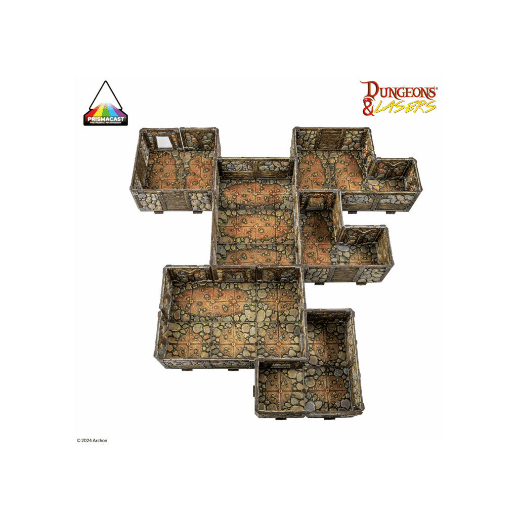 Overhead view of modular Dungeons & Lasers fantasy dungeon terrain with interconnected stone rooms and patterned floors