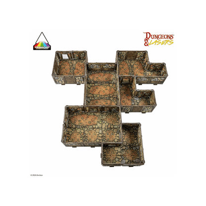 Overhead view of modular Dungeons & Lasers fantasy dungeon terrain with interconnected stone rooms and patterned floors