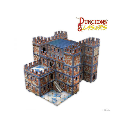 Modular miniature model of a weathered, multi-story stone castle or dungeon ruin