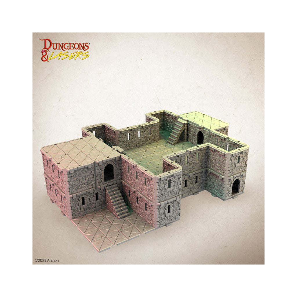 Modular stone fortress miniature terrain piece with walls, stairs, and gridded floor for tabletop RPGs