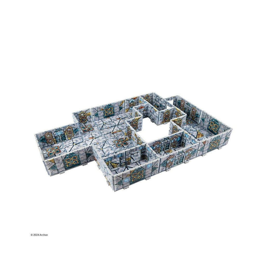 Modular tabletop dungeon tiles forming a multi-room layout, featuring grey stone with intricate blue and gold patterns