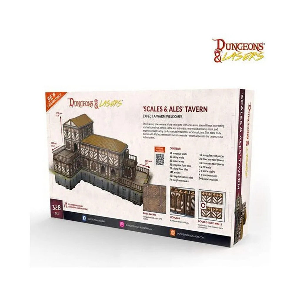 Dungeons & Lasers 'Scales & Ales' Tavern 5E modular terrain kit box, featuring the detailed building model