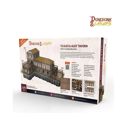Dungeons & Lasers 'Scales & Ales' Tavern 5E modular terrain kit box, featuring the detailed building model