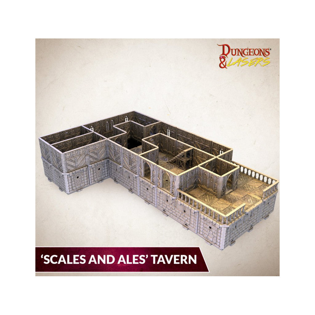Detailed grey modular terrain model of the "Scales and Ales" fantasy tavern