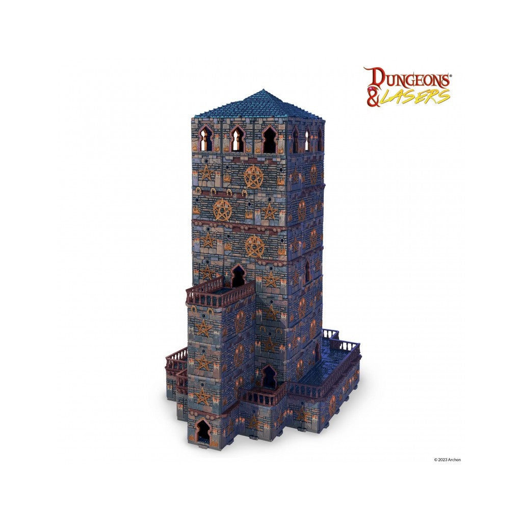 Tall, dark stone fantasy tower miniature with glowing star symbols, balconies, and a blue tiled roof