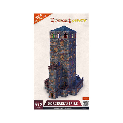 3D terrain model of the Dungeons & Lasers Sorcerer's Spire: a massive, modular stone tower with glowing windows