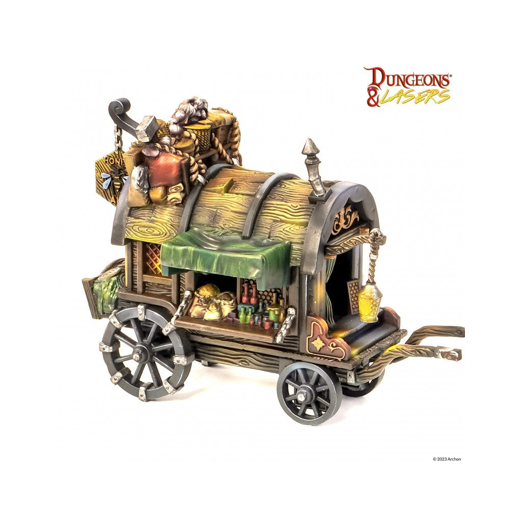Detailed fantasy miniature of a merchant wagon with an open shop window displaying goods