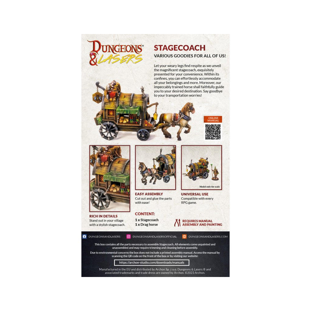 Dungeons & Lasers Stagecoach: Detailed miniature model of a horse-drawn wagon laden with goods