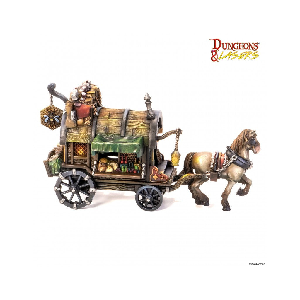 A Dungeons & Lasers miniature depicts a brown horse pulling a detailed merchant wagon, stocked with goods and a "Honey Ale" sign