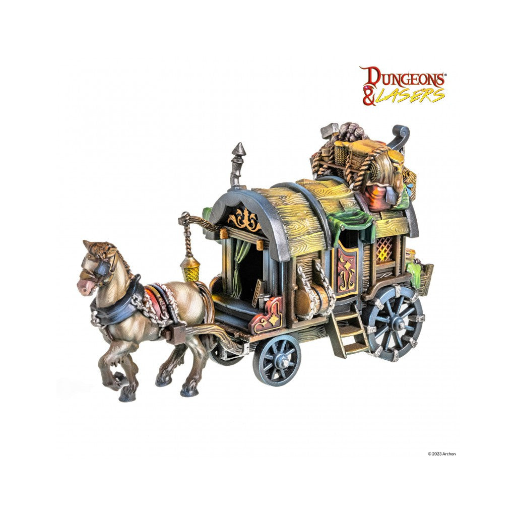 Detailed D&L miniature: A harnessed horse pulls an ornate, gear-laden wooden caravan with instruments