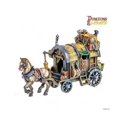 Detailed D&L miniature: A harnessed horse pulls an ornate, gear-laden wooden caravan with instruments