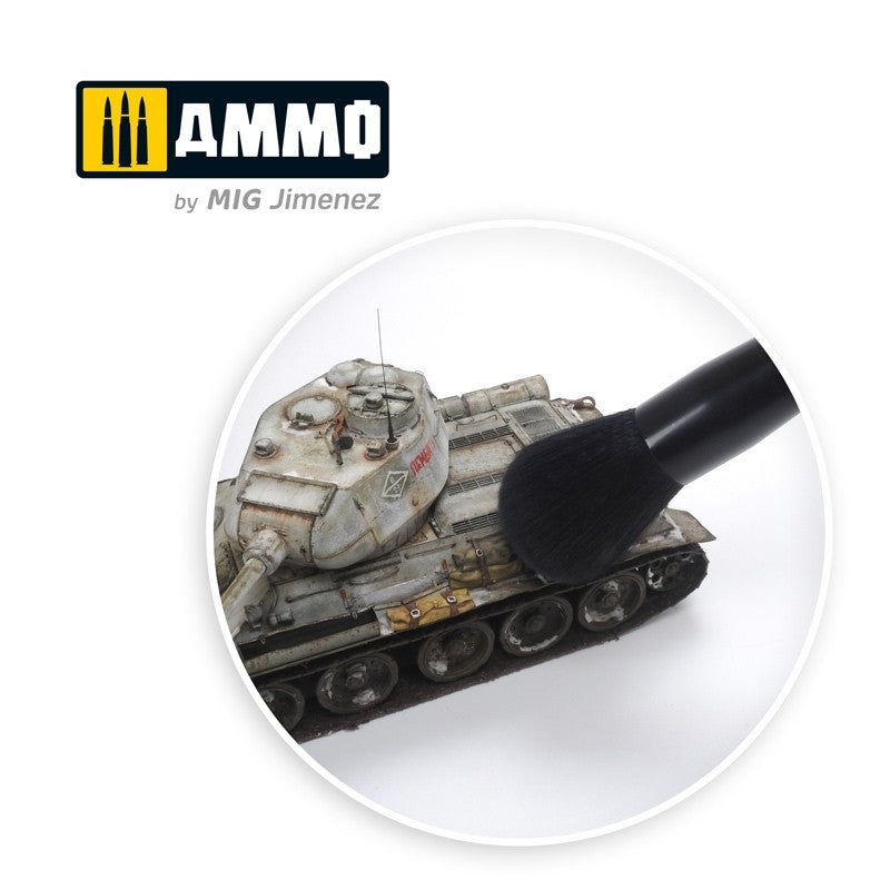 Soft black brush applies weathering to a detailed tank model and Ammo by MIG Jimenez logo