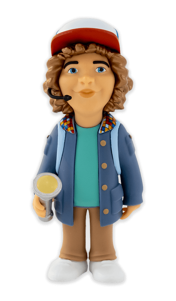 Minix Stranger Things Dustin Henderson vinyl figure in blue jacket plaid shirt headset holding a yellow flashlight