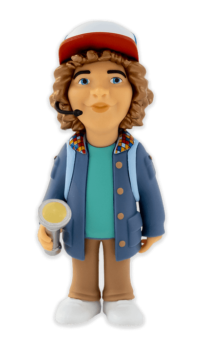 Minix Stranger Things Dustin Henderson vinyl figure in blue jacket plaid shirt headset holding a yellow flashlight