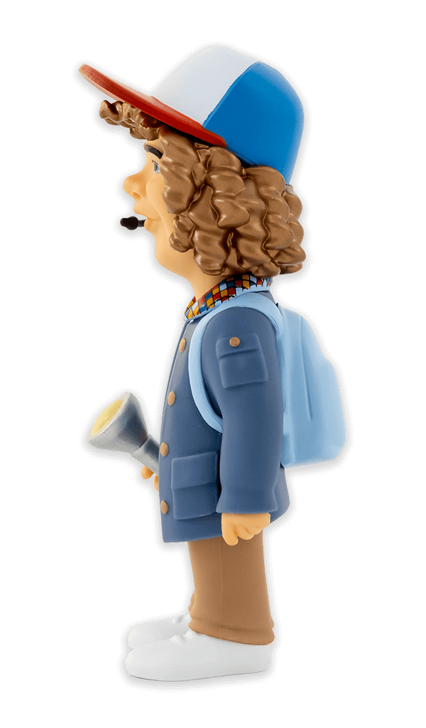 Side view of Minix Stranger Things Dustin Henderson vinyl figure in blue jacket plaid shirt headset holding a yellow flashlight