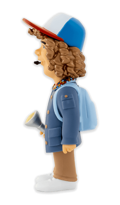 Side view of Minix Stranger Things Dustin Henderson vinyl figure in blue jacket plaid shirt headset holding a yellow flashlight
