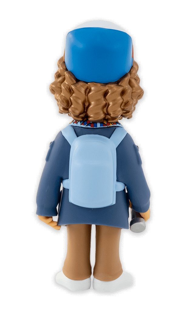 Back view of Minix Stranger Things Dustin Henderson vinyl figure in blue jacket plaid shirt headset holding a yellow flashlight